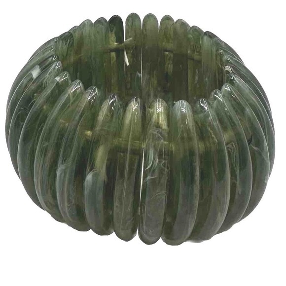 Marbled Green Resin Stretch Cuff Bracelet Chunky Ribbed Bangle Fairycore J-01 - Picture 6 of 7